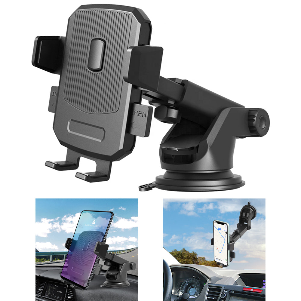 Adjustable suction cup car phone mount shown on white background with two inset lifestyle photos of holder on windshield and dashboard