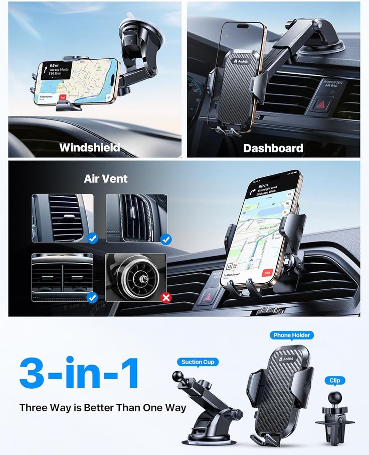 3-in-1 car phone holder showing windshield mount, dashboard mount and air vent clip positions for universal smartphone use