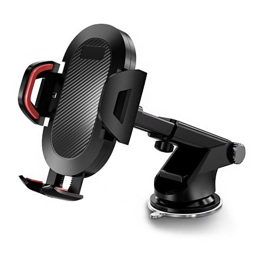 360° rotating car phone holder with suction cup and adjustable arm, extended position, black, white background product shot