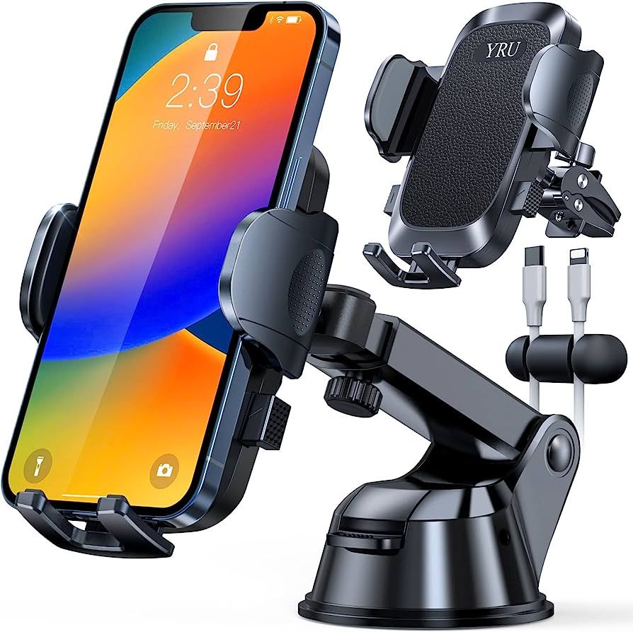 Car phone mount suction cup holding smartphone with included vent clip attachment and USB charging cable accessories, black